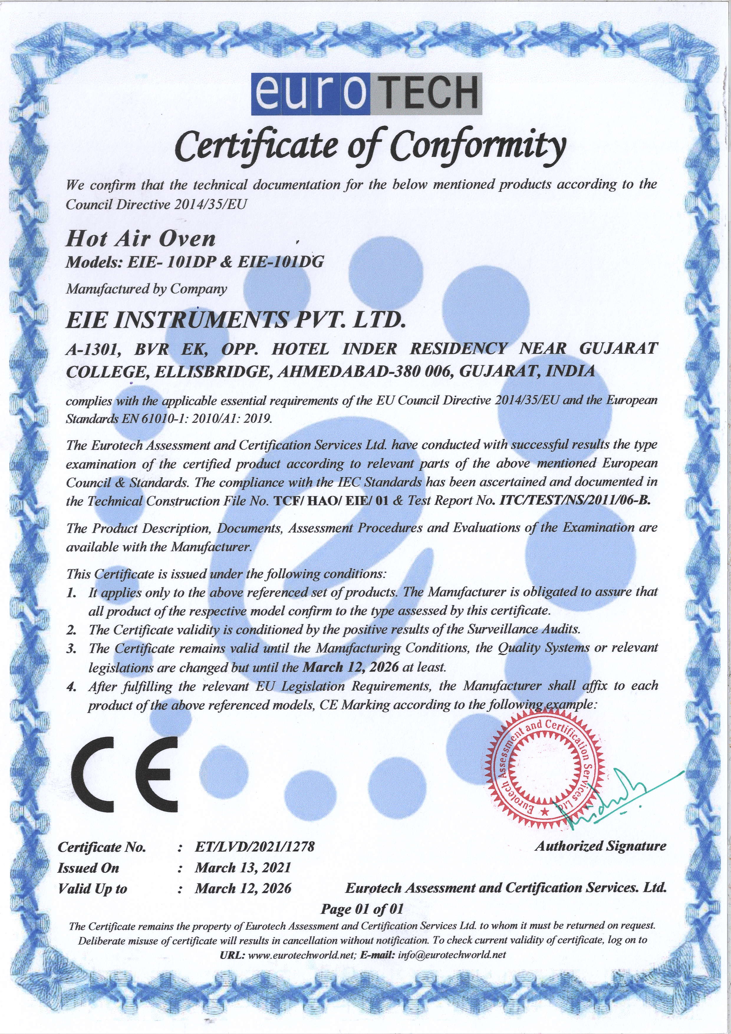 CE Certificate - Hot Air Oven - EIE Instruments