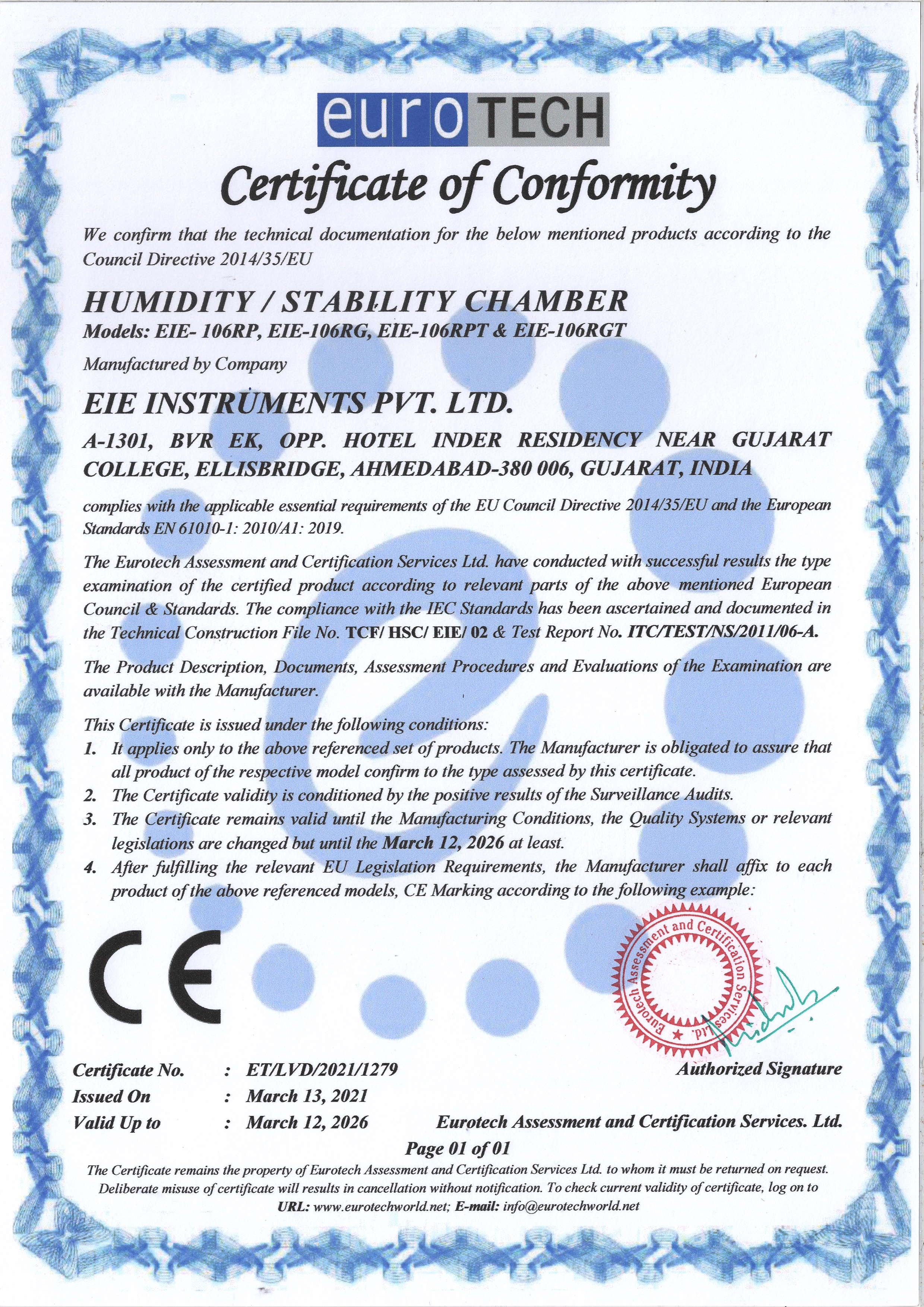 CE Certificate - Humidity Chamber - EIE Instruments